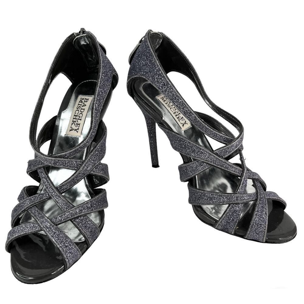 Badgley Mischka Junebug Criss Cross 4" Heels 6.5 Charcoal Glitter